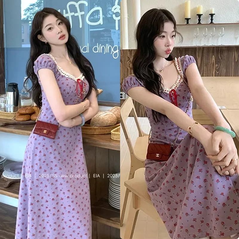香芋紫色韩版纯欲少女碎花连衣裙女2025夏季新款法式气质显瘦长裙