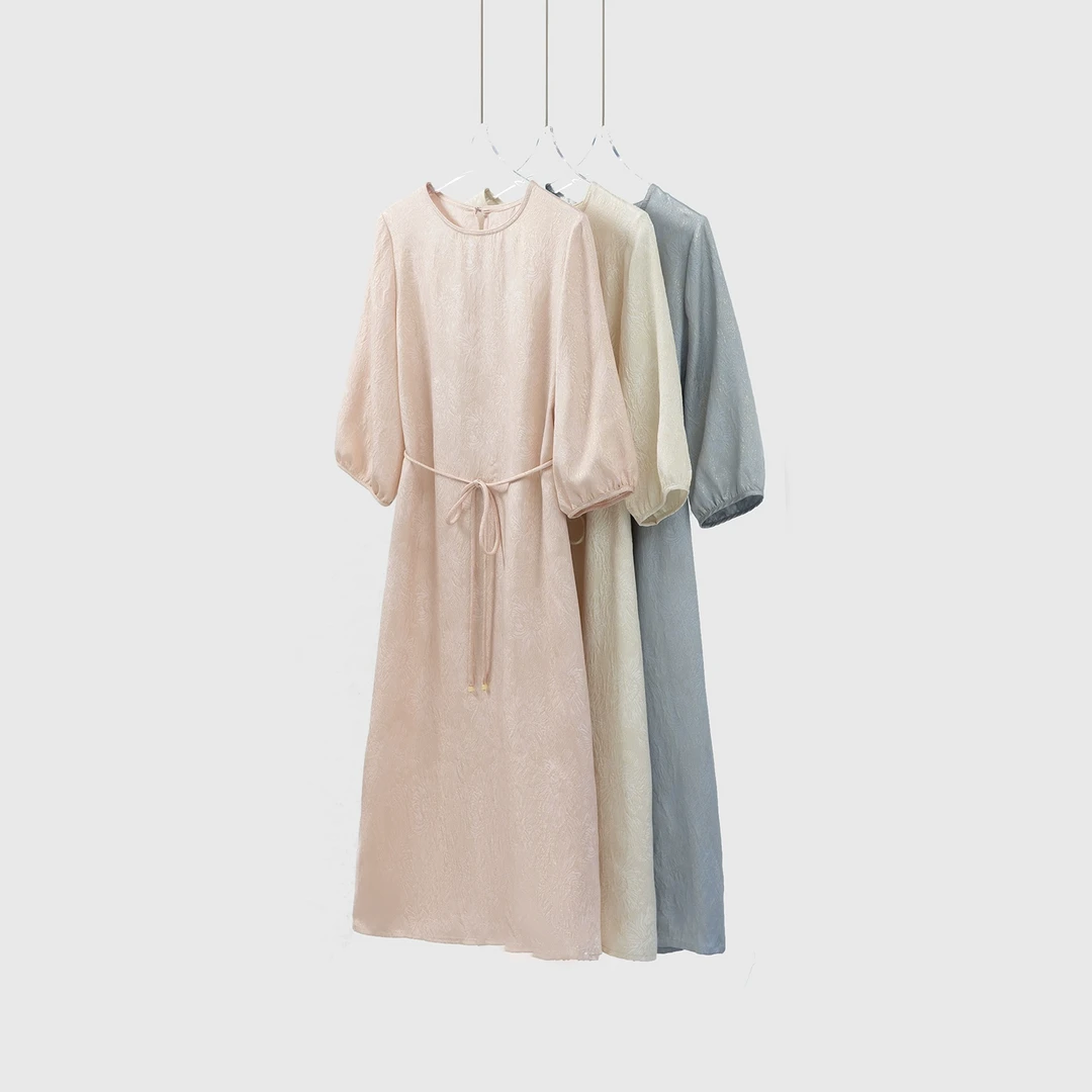 金线提花真丝七分袖连衣裙桑蚕丝收腰显瘦系带圆领长裙夏LQ52081