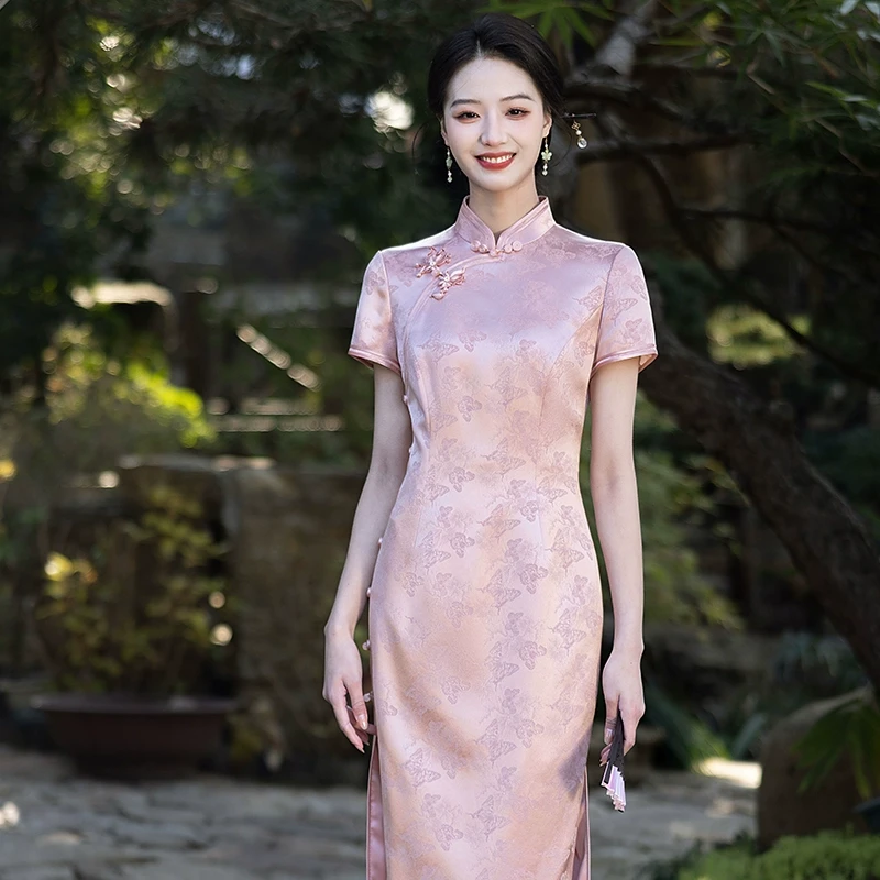 粉色高端醋酸订婚旗袍2025夏季新款少女醋酸高级文艺优雅气质婚宴