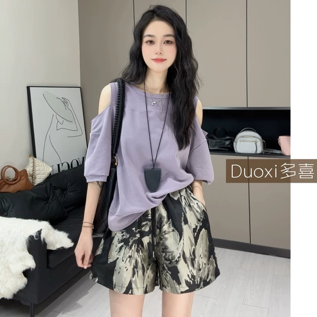 Duoxi+“落肩小调”圆领短袖T恤女年夏季新款休闲日常上衣G525#