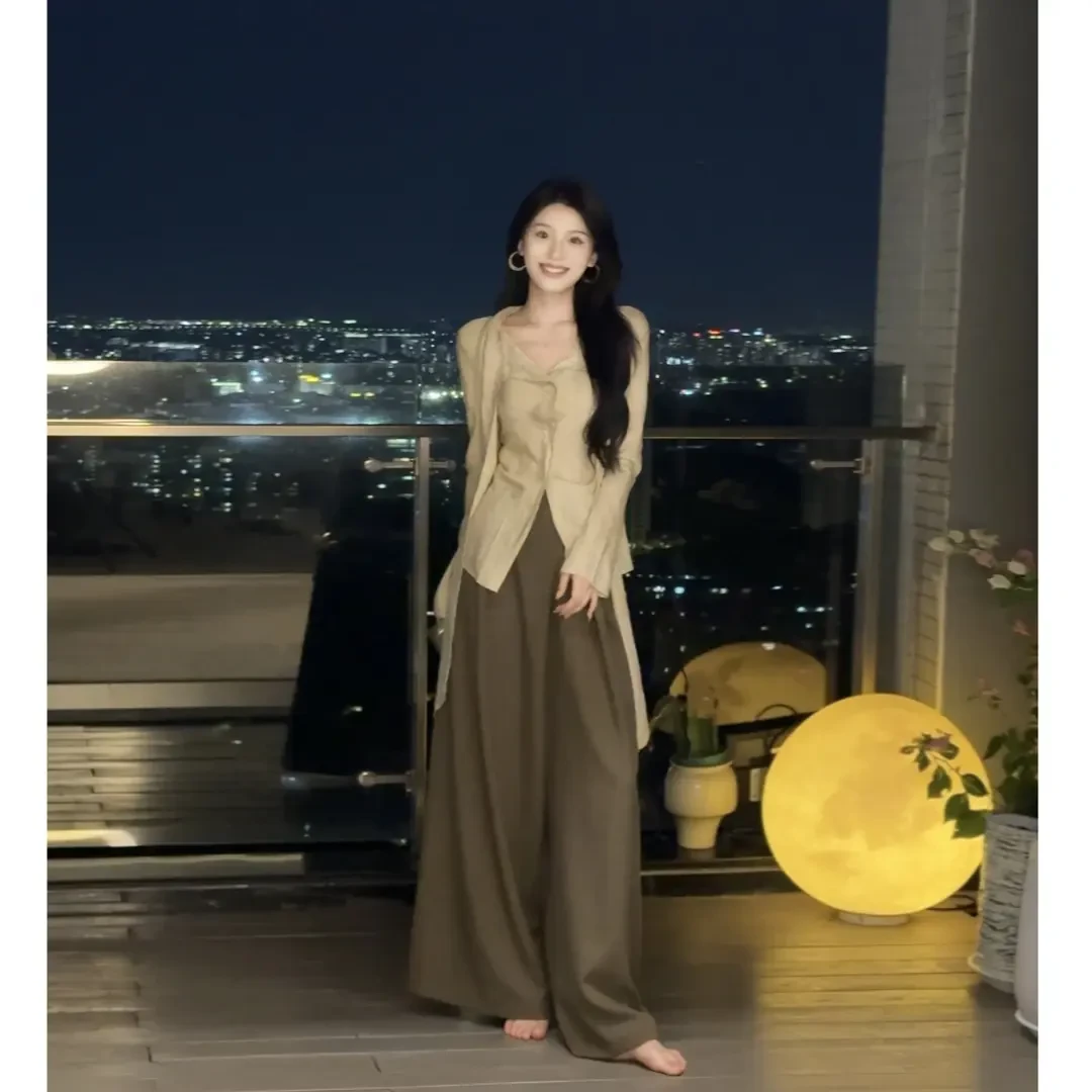 秋季斜裁肌理松弛感飘带衬衫+高腰显瘦休闲阔腿裤子新款时尚女装