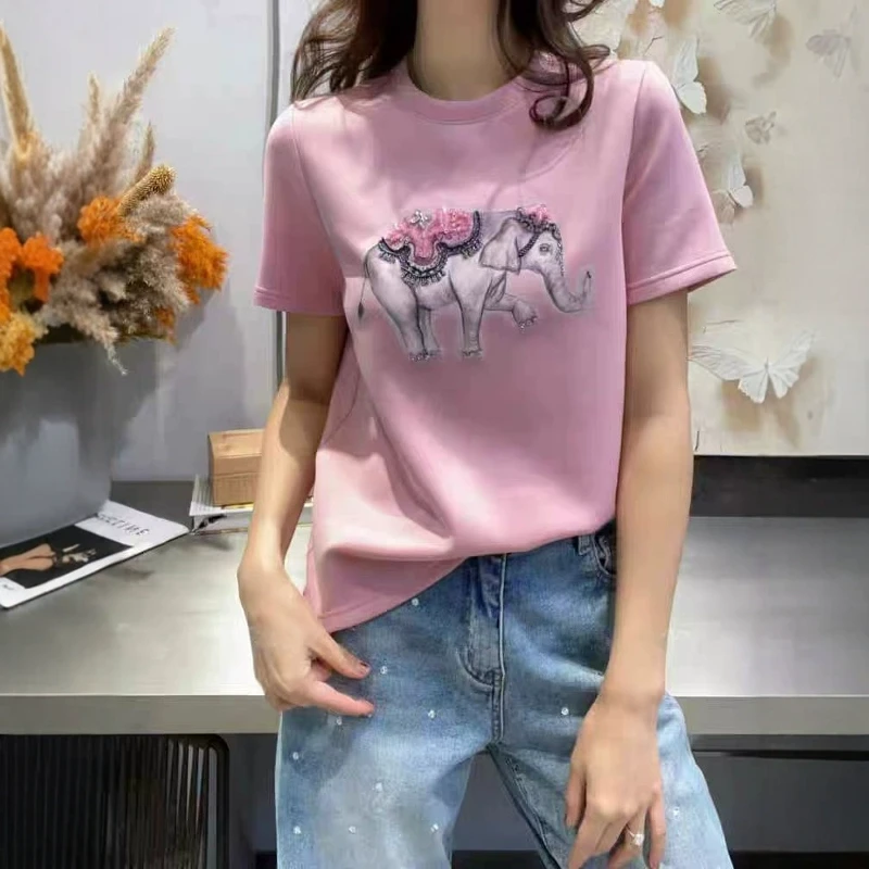 欧洲站减龄粉色大象重工钉珠镶钻T恤2025春夏新款时尚半袖上衣潮