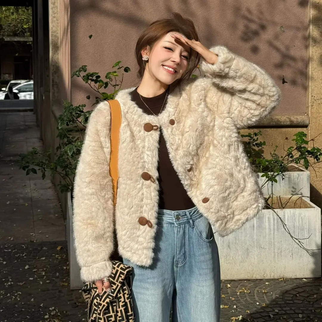 利君家韩系立领小湖毛毛短款外套女冬季显瘦高级感气质（衣长55cm）