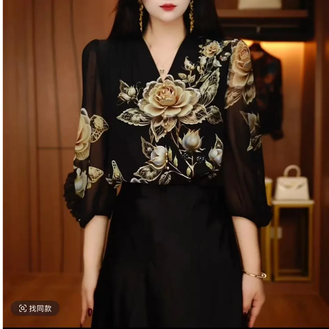 深圳南油正品时尚琉璃双绉丝洋气印花V领减龄宽松轻奢百搭女衬衫