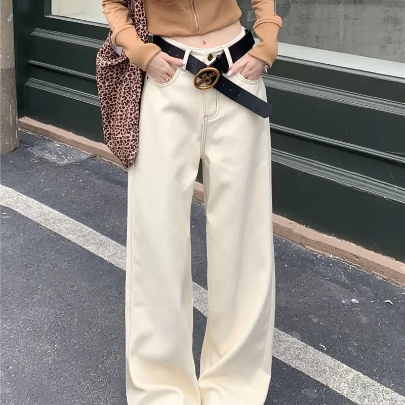 冬季新款米白色加绒高腰显瘦宽松阔腿裤牛仔裤女休闲拖地长裤