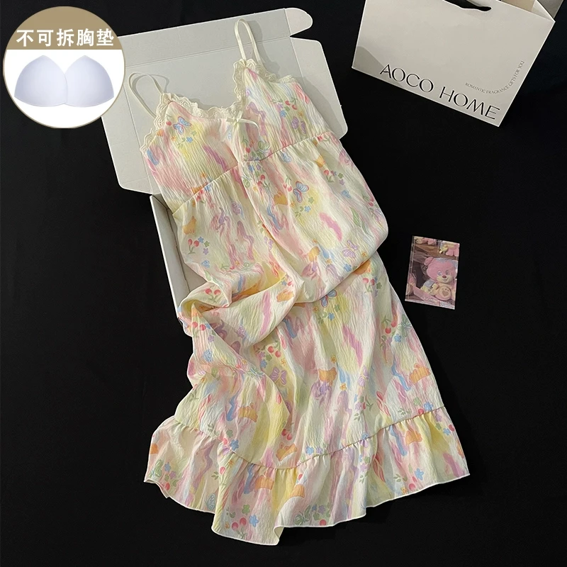 韩系ins网红风睡裙女夏季新款甜美黄色蝴蝶结吊带睡衣休闲家居服