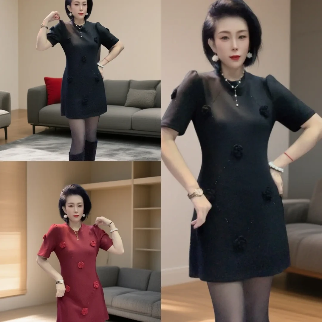 N517轻奢减龄遮显瘦法式花朵丰袖小个子打底连衣裙