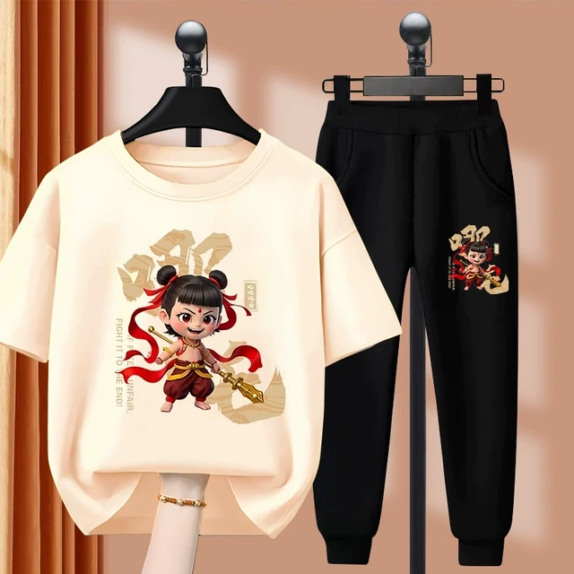 哪咤男童套装夏款儿童夏季宽松短袖t恤帅气长裤男孩时尚两件套