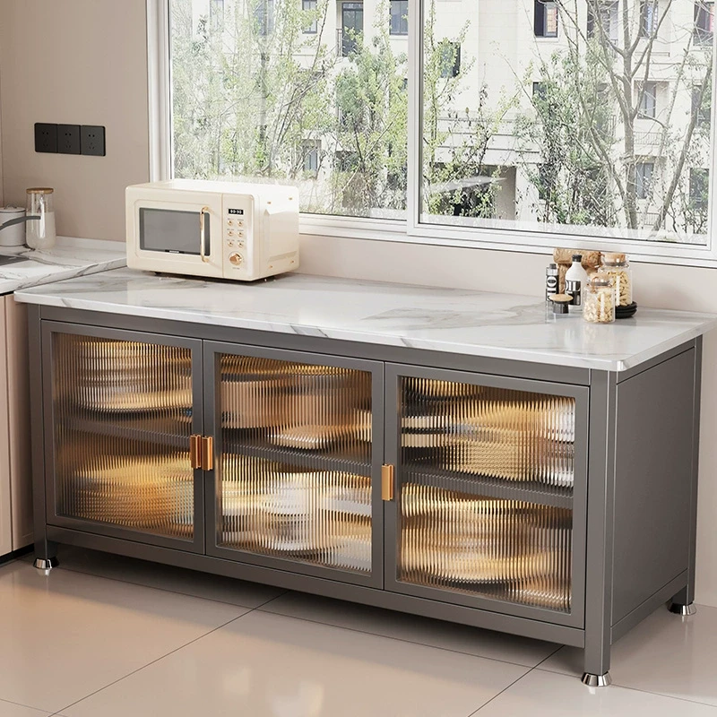 厨房岩板置物架多功能落地收纳微波炉餐边储物橱柜子切菜碗柜带门