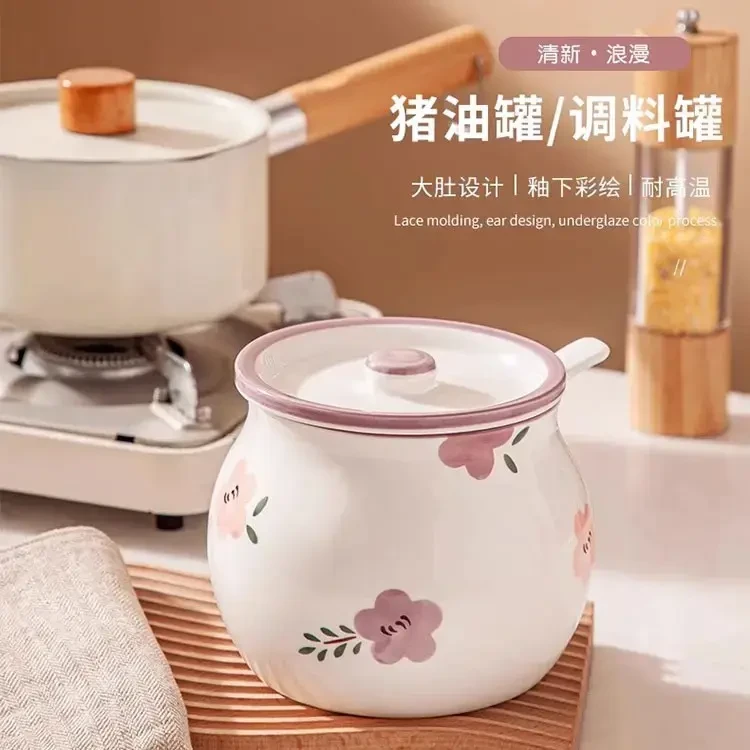 日式陶瓷家用猪油罐带盖耐高温油泼辣子专用罐调料罐辣椒罐大容量