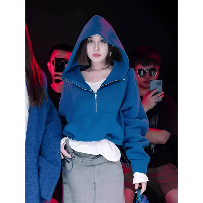 运动短款蓝色卫衣女2025年春季新款今年爆款半拉链超好看连帽上衣