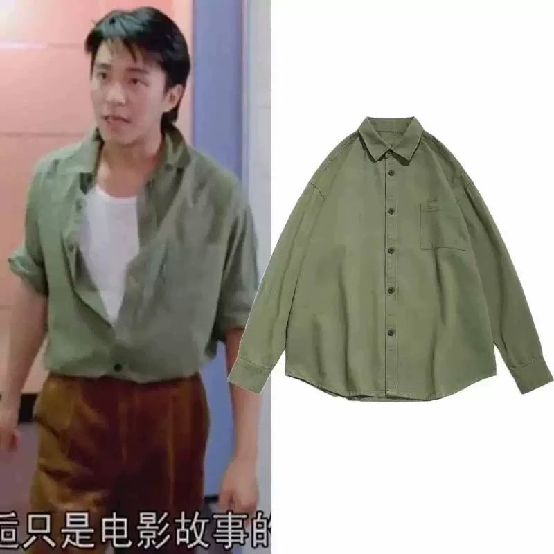 周星驰同款衬衫美式长袖衬衫男春季日系复古工装外套港风潮流休闲