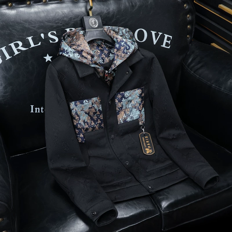 时尚上衣0春季新款潮牌提花休闲外套夹衫痞帅高端轻奢男士假两件