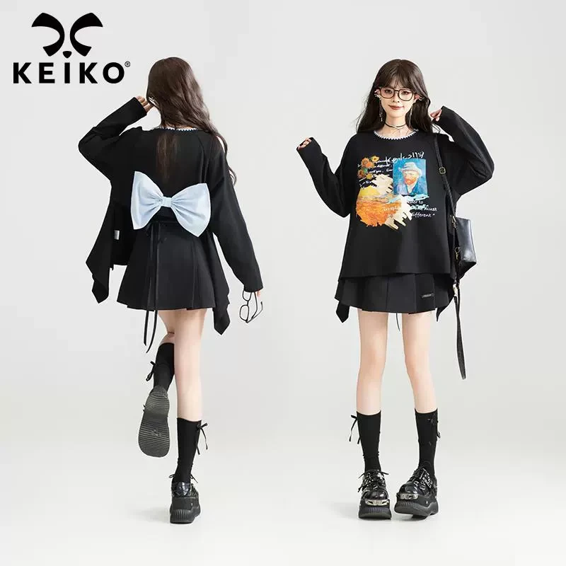 KEIKO 蝴蝶结girl 甜系黑色长袖t恤25秋元气少女感前长后短上衣