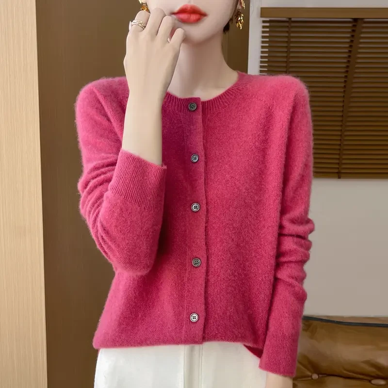 【一线成衣】开衫女圆领纯色针织宽松毛衣秋冬新款打底衫