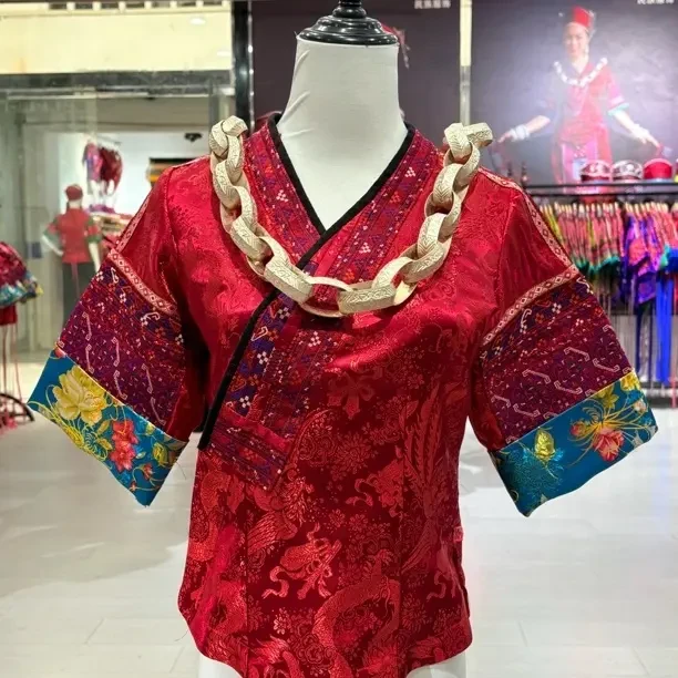 民族风苗族红色刺绣上衣贵州传统生活服饰断码处理