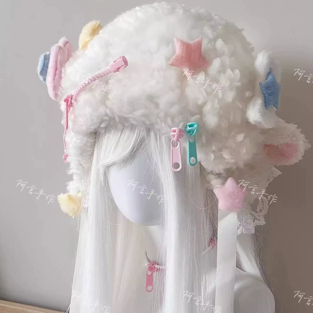 阿言手作原创日系可爱小羊耳朵帽子毛绒蕾丝护耳帽保暖冬羊羔绒帽