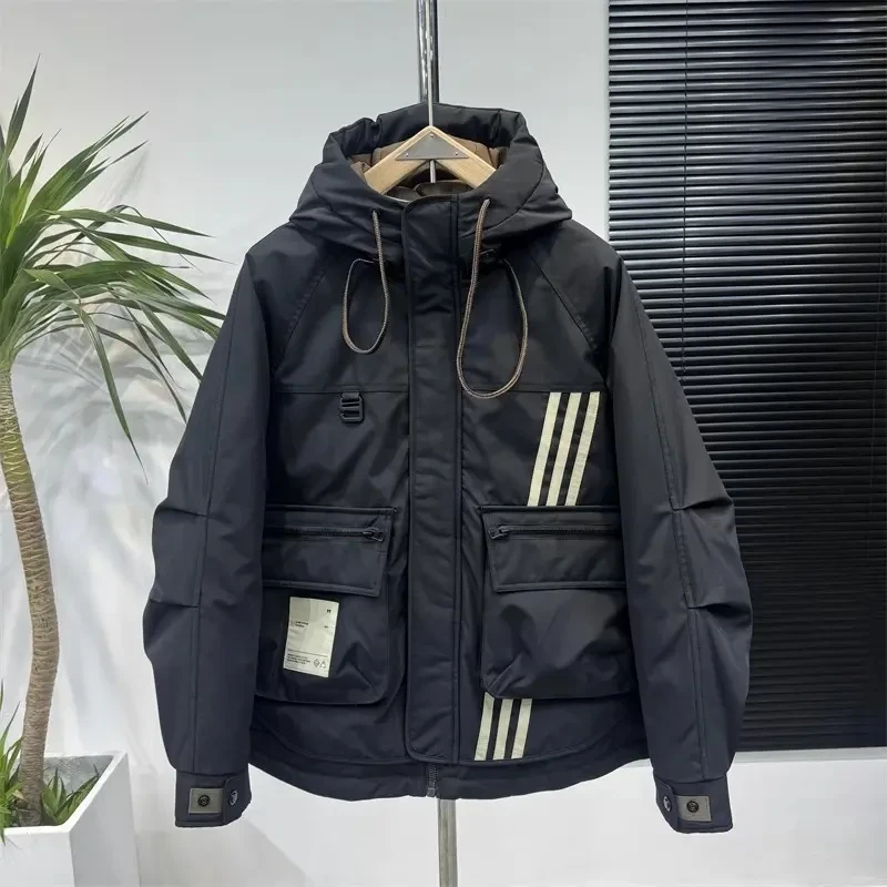 2025新款冬季男士连帽棉服保暖条纹拼接个性休闲百搭冲锋衣宽松