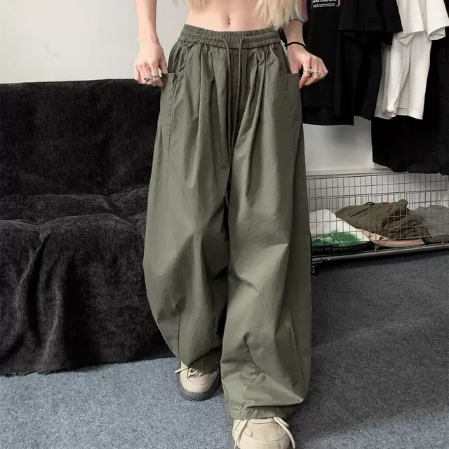 加大码300斤日系潮酷直筒工装裤男女夏季新款宽松阔腿抽绳休闲裤2