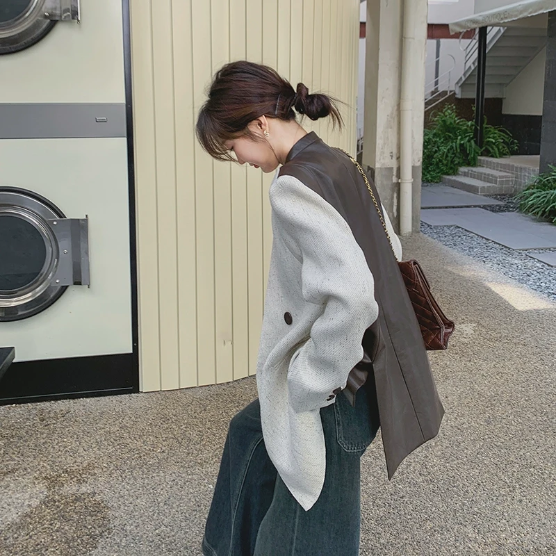 西装拼接皮衣外套女春季2025新款设计感小众中长款小个子西服上衣