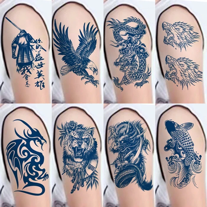 防水持久草本纹身贴果汁不反光渐变色狼头鲤鱼老虎仿真半臂手臂男