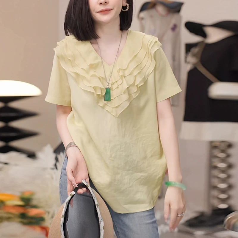 荷叶边黄色t恤女士夏季2025宽松显瘦减龄洋气高级感别致v领上衣