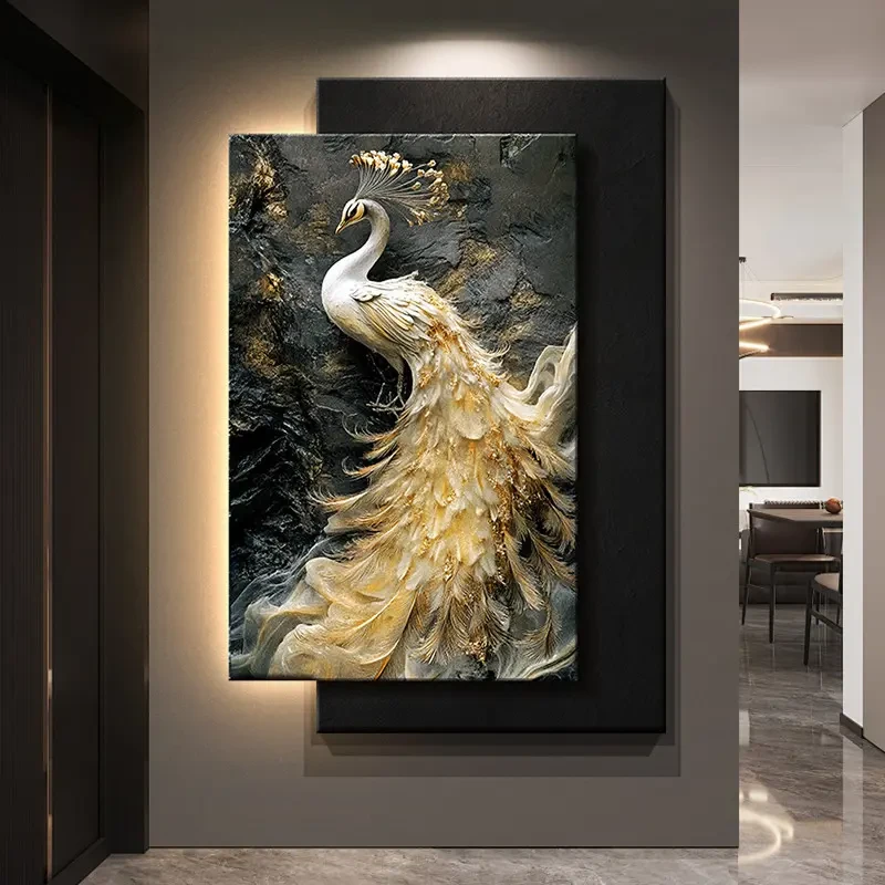 德国高级感孔雀入户玄关装饰画浮雕立体肌理感走廊过道壁灯画客厅