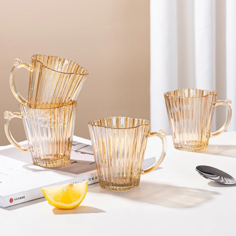 六只装家用高颜值琥珀色竖纹梅花玻璃杯带把手家用果汁水杯
