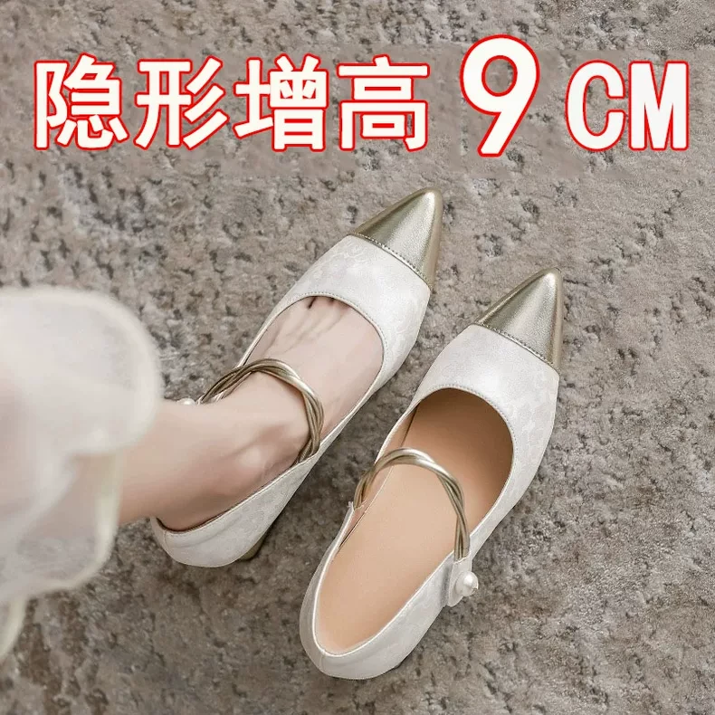 新中式单鞋高跟女9cm全羊真皮尖头百搭小个小个子增高鞋8-9公分