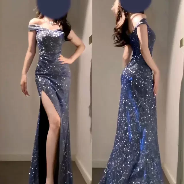 GirlsAt18 高级蓝色闪闪一字肩连衣裙女生日宴会礼服性感开叉长裙