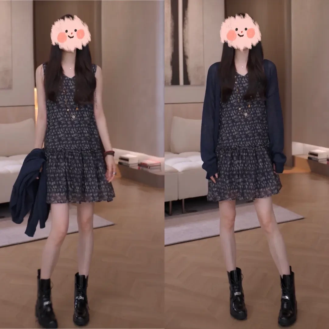 法式时尚套装2025夏碎花百褶复古度假风连衣裙通勤百搭开衫两件套