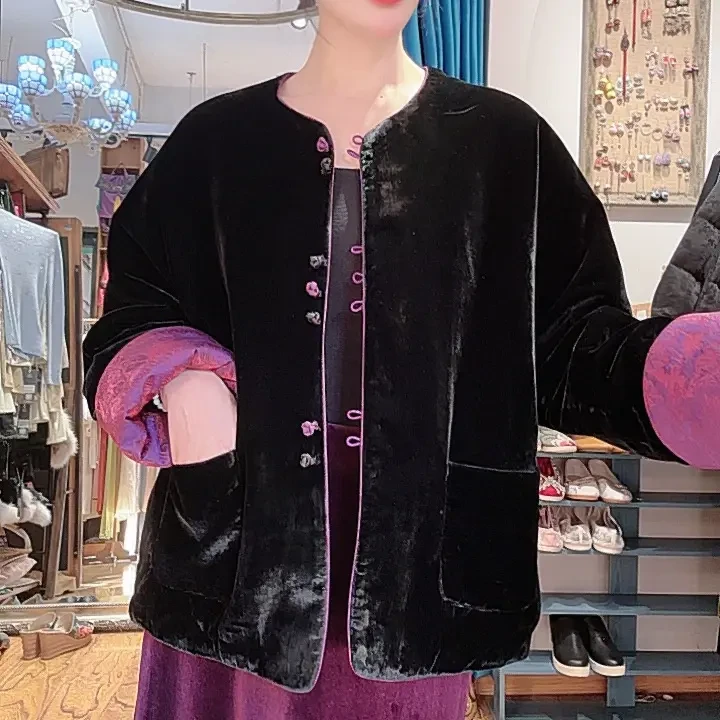 新中式双面双穿宽松圆领薄款丝绒女士棉衣外套