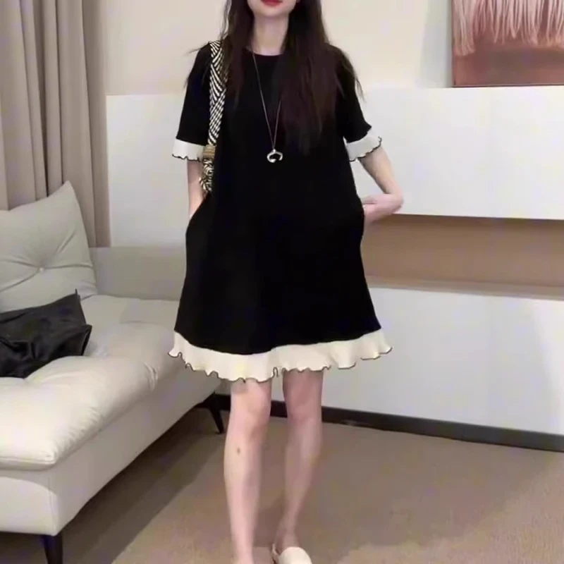 气质拼接连衣裙夏季法式高级感大码女装微胖遮肉显瘦赫本风小黑裙