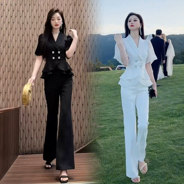 时尚套装女2025夏季新款设计感收腰荷叶边短袖小西装微喇裤两件套