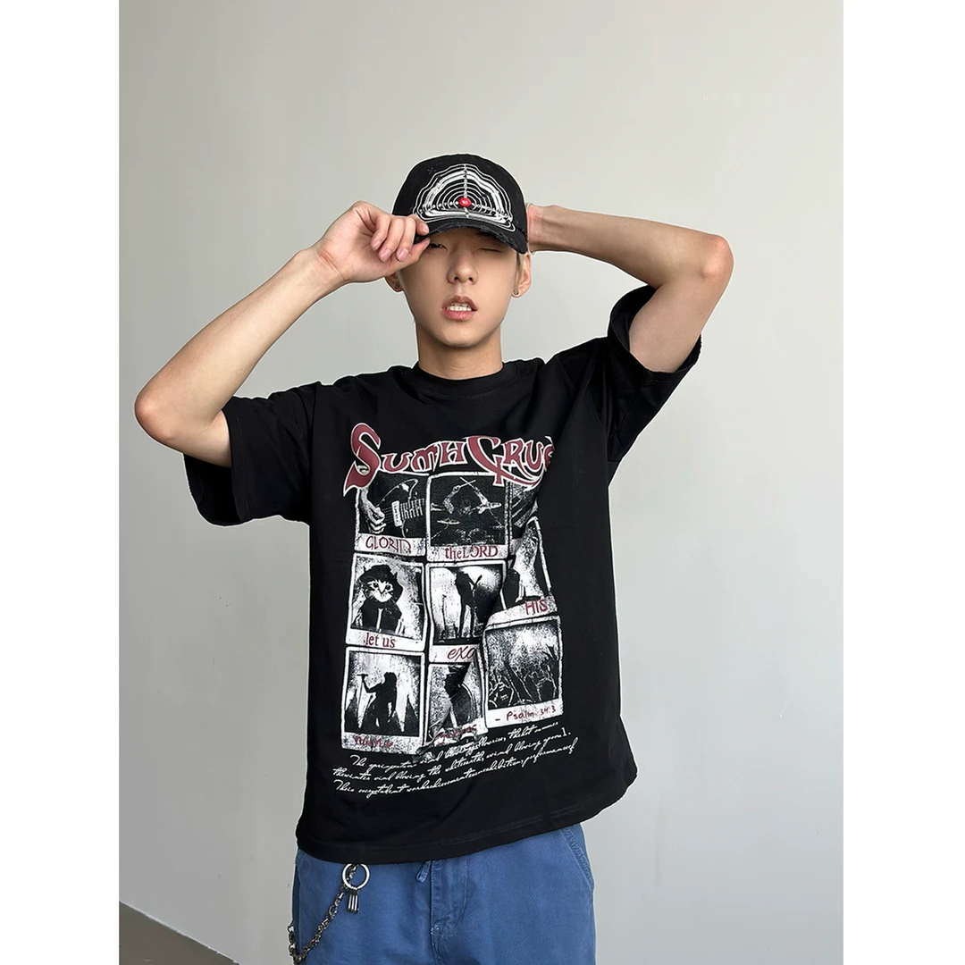 Faxims Store 美式街头风潮牌高街复古印花短袖T恤男潮流嘻哈半袖