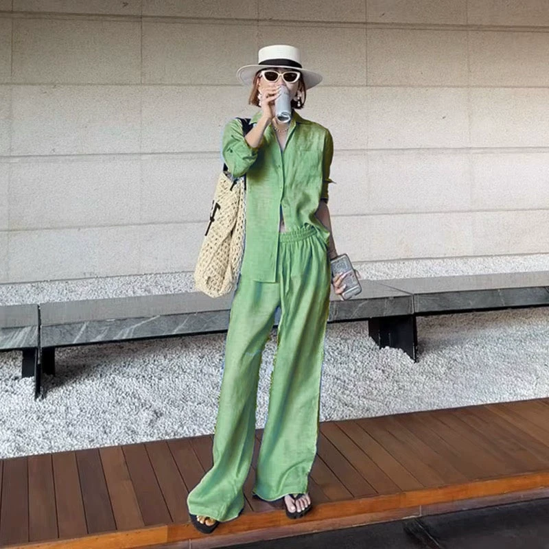 高级感时尚衬衫套装女春夏季慵懒感绿色防晒衬衣阔腿裤两件套