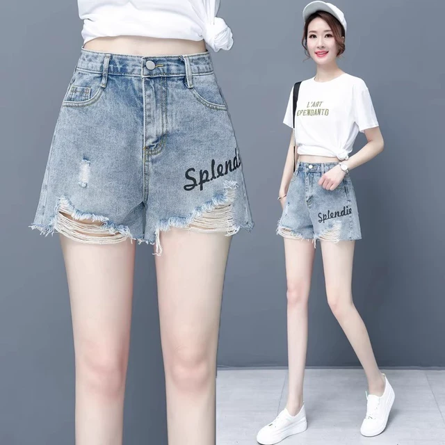 破洞毛边牛仔短裤女2025年新款夏季薄款宽松a字阔腿夏天三分热裤