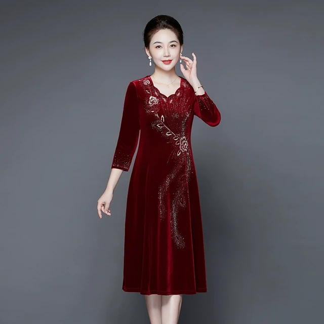 秋季新品女喜妈妈装高贵喜服金丝绒喜婆婆绣花婚礼婚宴礼服连衣裙