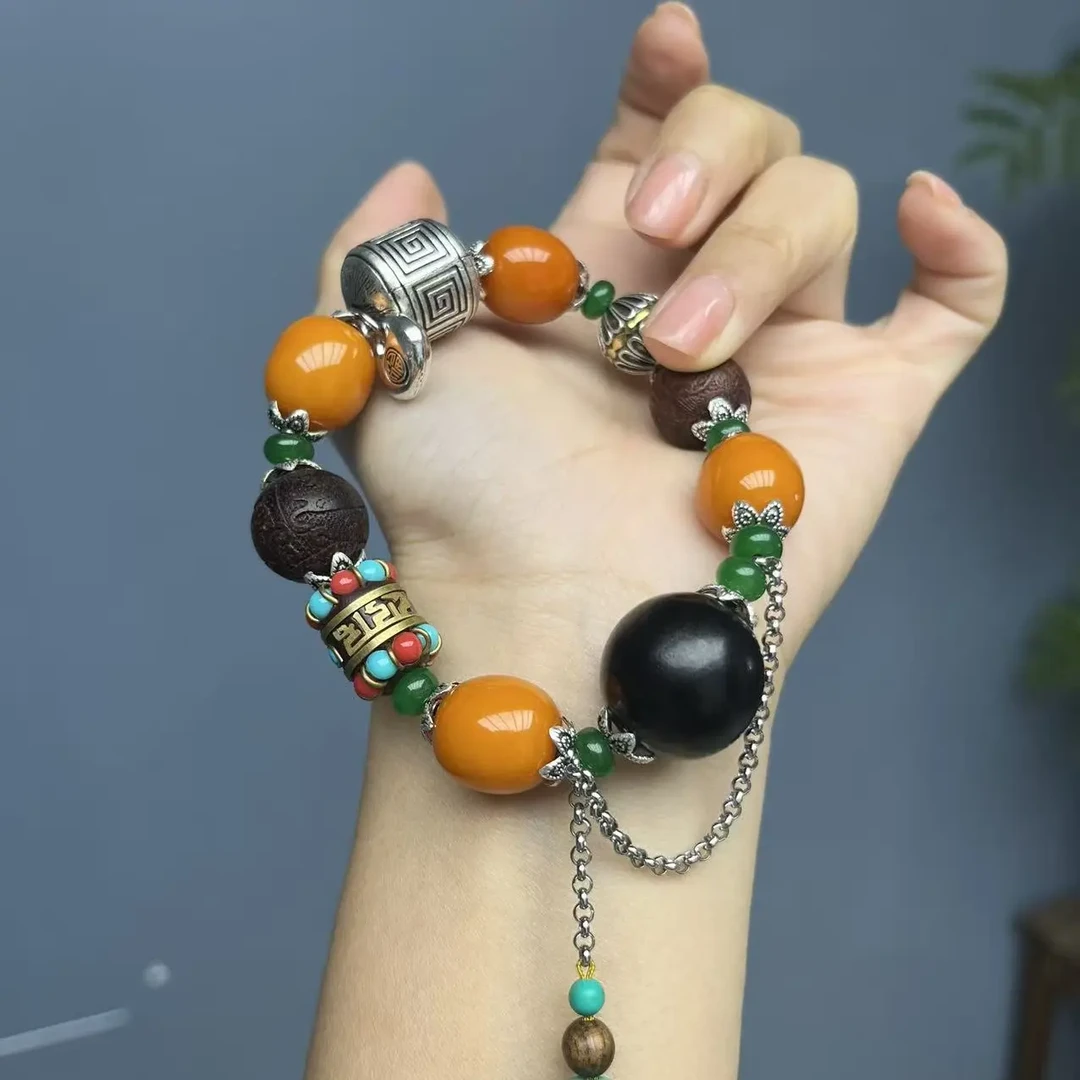 蜜蜡s925福字串珠手链