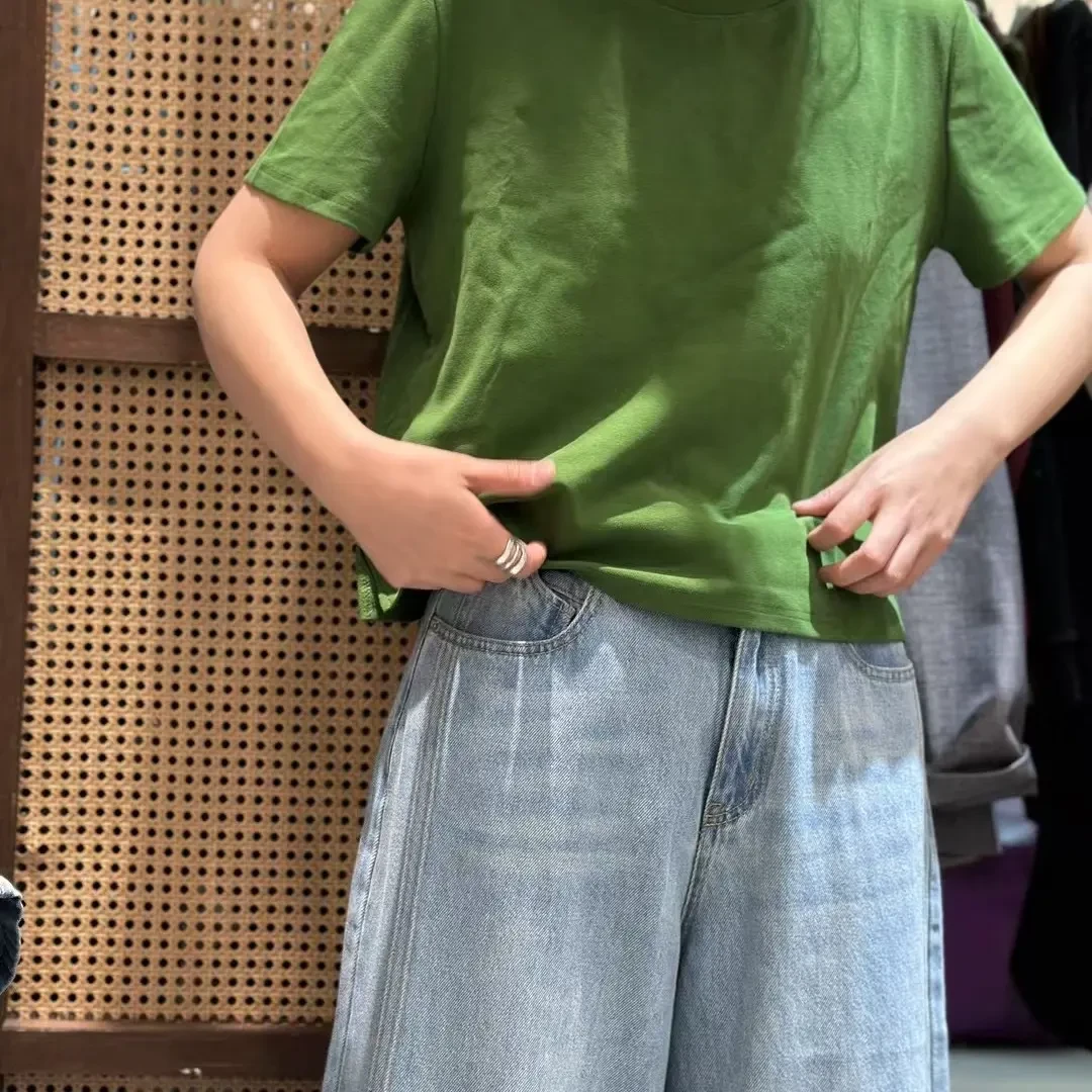 宽松型圆领短袖有弹力纯色T恤时尚韩版显瘦百搭套装牛仔复古