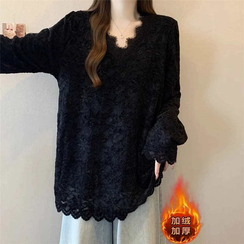 【新年穿搭】微胖妹妹大码蕾丝v领中长款打底衫女复古加绒加厚上衣