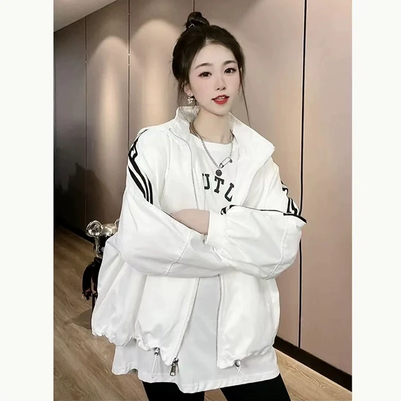 欧货潮牌休闲三条杠连帽棒球服外套女早春季贴标小个子风衣冲锋衣