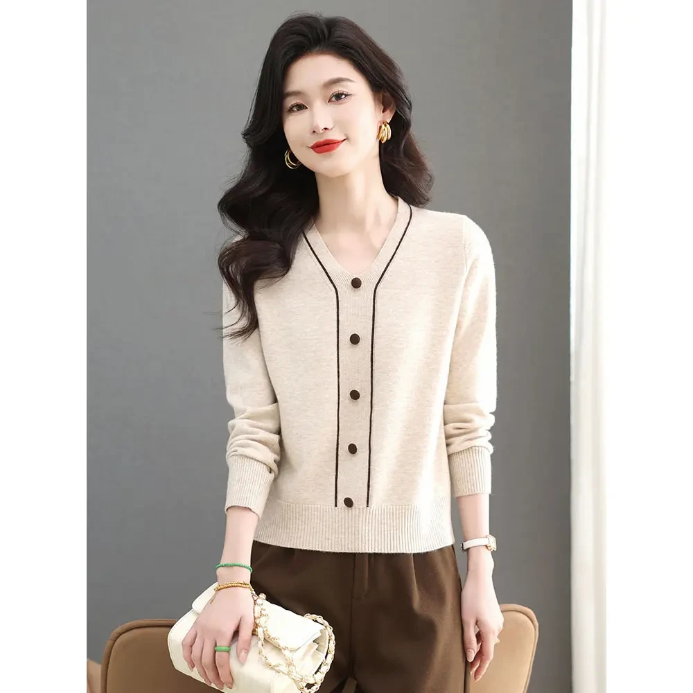 V领拼接针织衫女春装2025新款时尚宽松短袖打底洋气显瘦针织衫