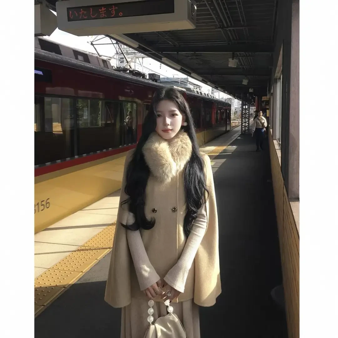 IECLOLLY【财阀千金】羊毛双面呢斗篷毛呢外套女秋冬短款呢子大衣