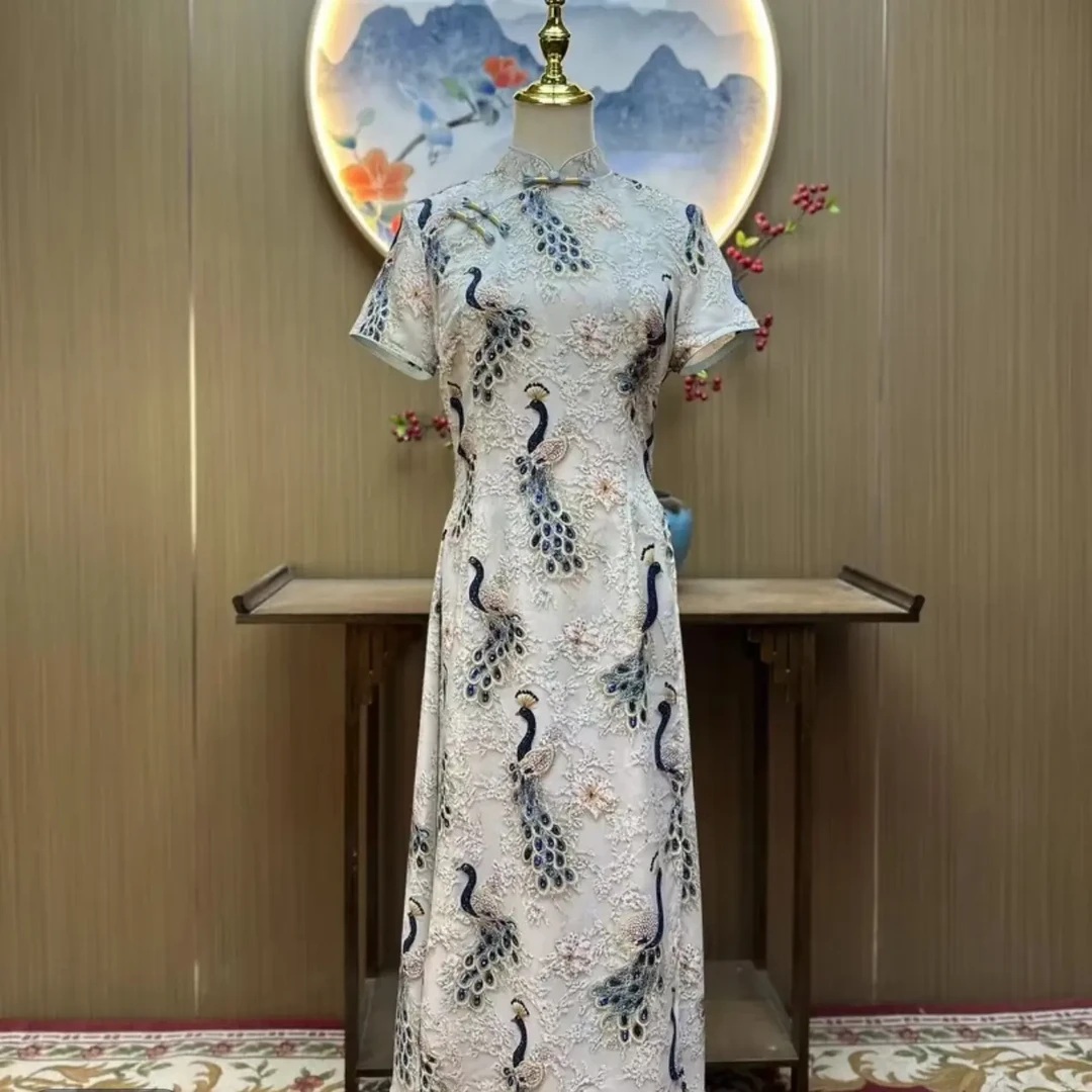 夏款乔其纱孔雀开屏薄款斜襟清凉奥黛旗袍优雅显瘦修身中式旗袍裙