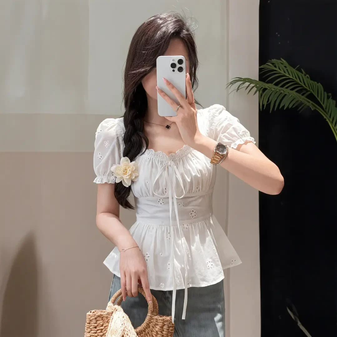 法式甜美温柔风气质短袖衬衫女夏季新款大码白色衬衣胖mm显瘦上衣