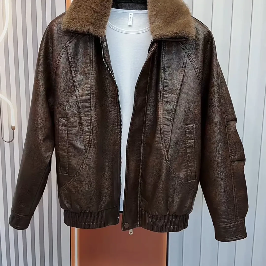 新款男士翻领加绒加厚时尚潮流pu皮夹克外套秋冬款