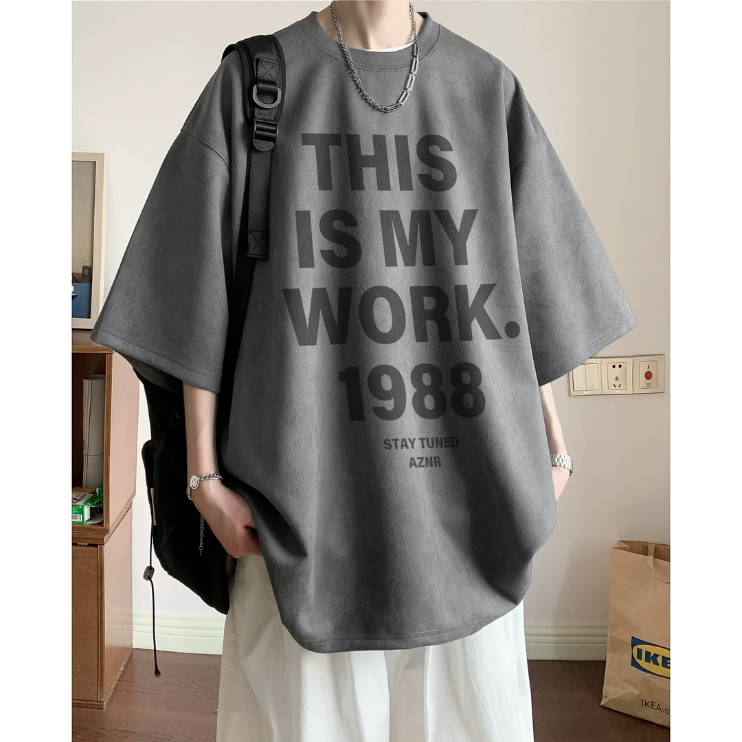 印花盐系短袖t恤男生夏季冰感牛奶丝七分袖上衣高街情侣半袖ins风