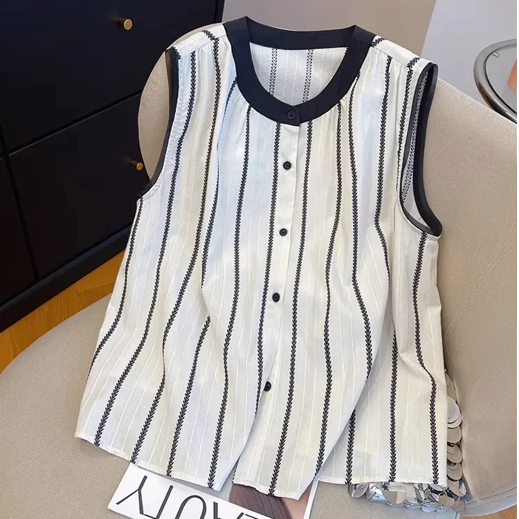 高级感条纹薄款无袖衬衫女2025年夏季新款宽松撞色小个子背心上衣