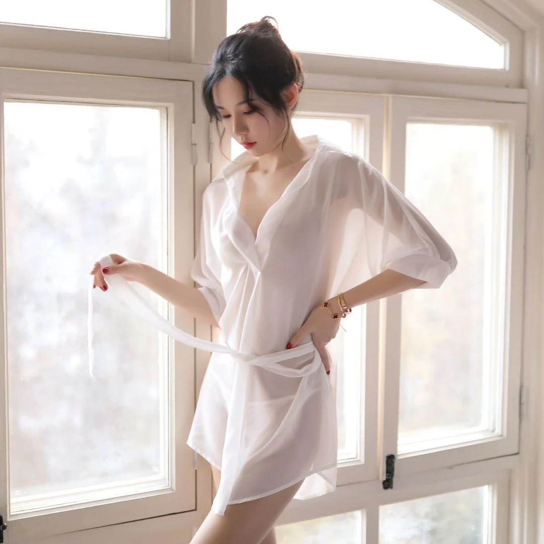 520约会睡衣男友风女夏衬衫性感家居服白色薄款系带居家睡裙